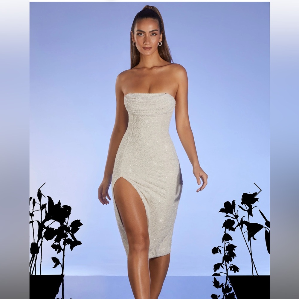 Oh Polly Embellished Bandeau Cowl Neck Midi Dress in Ivory